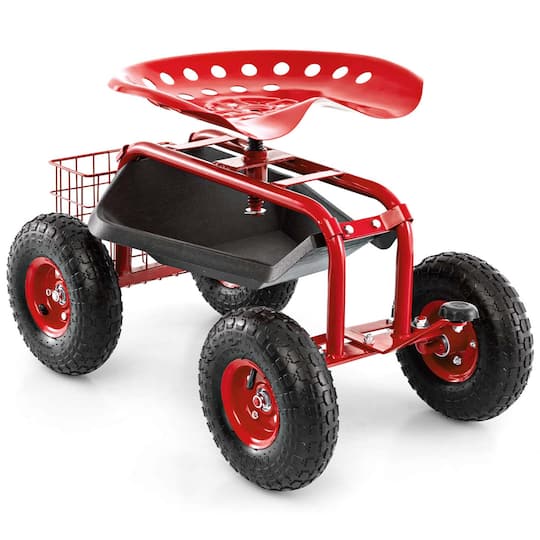 Costway Garden Cart Patio Wagon Rolling Work Seat with Tool Tray Basket